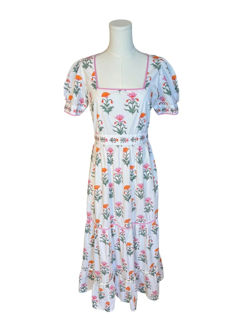 Pink City Prints Floral Cotton Midi Dress Puff Sleeve | Size S